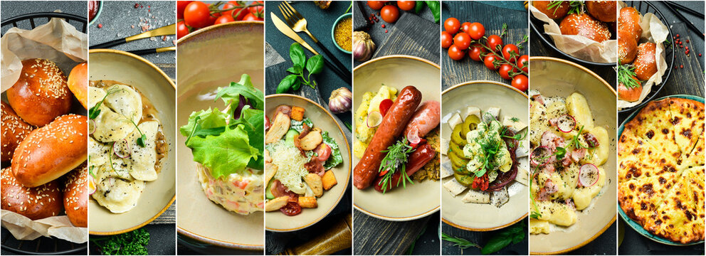 Food for dinner: hot dishes, salads and soups. Photo collage, banner from photos.