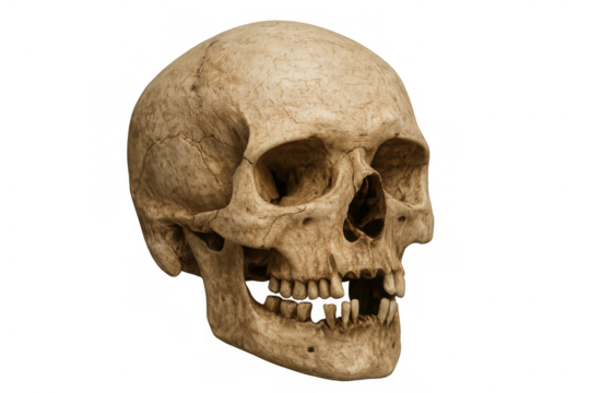 Human skull presenting anatomy, death, and memento mori concepts on transparent background for medical or artistic projects