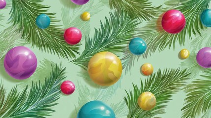 Colorful christmas ornaments and pine branches festive design digital art cheerful atmosphere close-up view holiday spirit