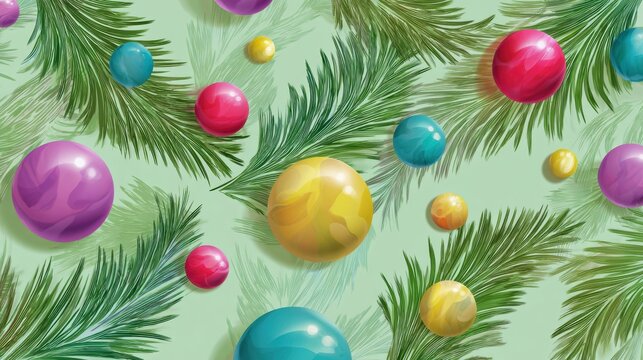Colorful christmas ornaments and pine branches festive design digital art cheerful atmosphere close-up view holiday spirit
