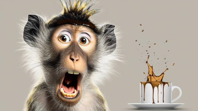 Expressive monkey reacts to coffee splash in sequential frames, showcasing surprise and curiosity, with gradual zoom in on the animated face, capturing the playful essence of the moment