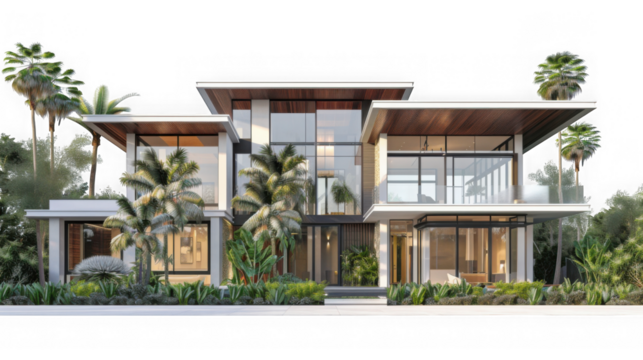 Luxurious modern tropical villa with large windows, wooden accents, and lush landscaping isolated on transparent background
