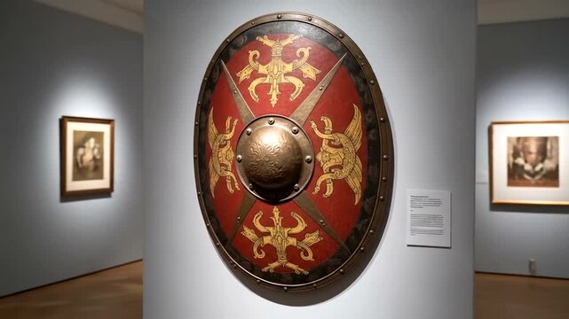 Ancient Roman shield displayed in a museum, showcasing intricate designs and history