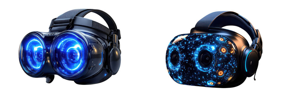 Futuristic virtual reality headset with glowing blue lenses and starry galaxy design, isolated on transparent background