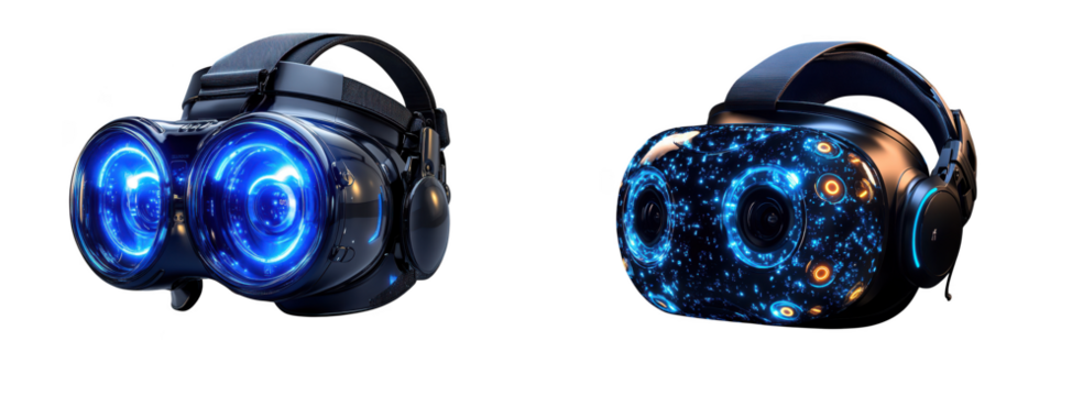 Futuristic virtual reality headset with glowing blue lenses and starry galaxy design, isolated on transparent background