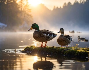 Two ducks stand on a mossy log on a calm lake, bathed in sunlight. Misty backdrop, other ducks, trees, and water