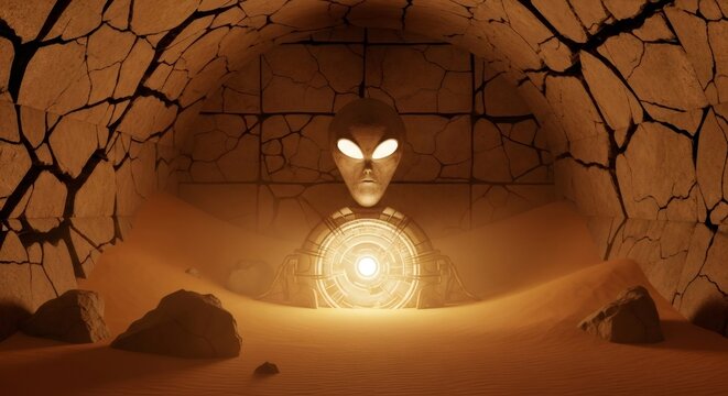 Alien grey with glowing eyes and ancient mechanical device in a desert cave, concept of extraterrestrial intelligence and conspiracy theories.