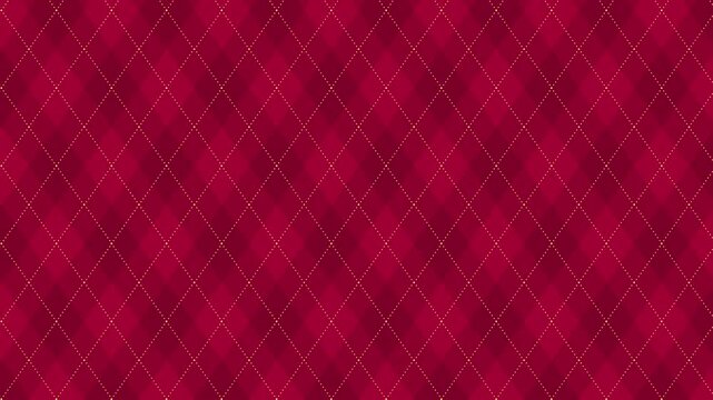 Seamless 4K loop animation of dark red argyle pattern with thin golden dotted lines. Elegant geometric textile motion background in traditional Christmas maroon tones. Perfect for festive design 