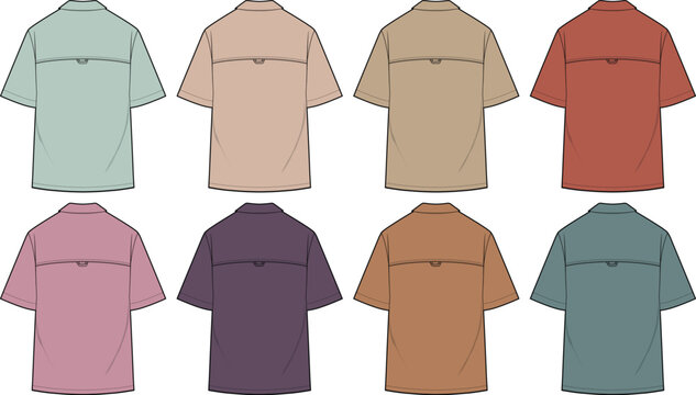 Vector collection of short sleeve casual shirts in multiple colors shown from the back view. Fashion technical flat sketch template for apparel design