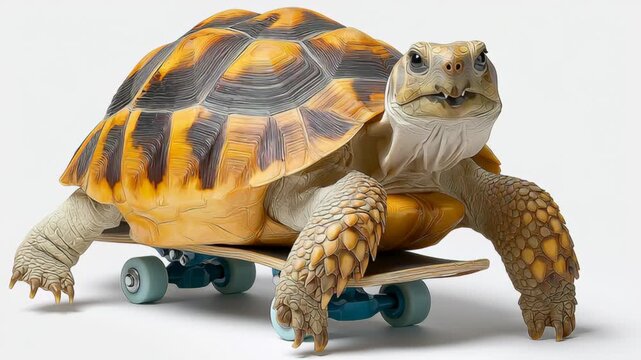 Playful tortoise on skateboard gliding forward, showcasing dynamic movement and vibrant shell patterns, with a gradual zoom in capturing the joyful essence of this unique scene