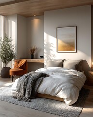 Scandi cozy minimalist dorm room interior, light wood tones,, natural  Modern Minimalist Dorm Interiors Aesthetic and Creative Lifestyle Spaces