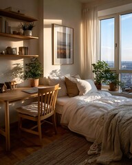 Scandi cozy minimalist dorm room interior, light wood tones,, natural  Modern Minimalist Dorm Interiors Aesthetic and Creative Lifestyle Spaces