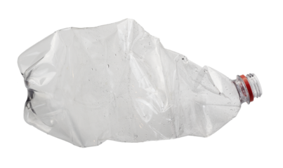 close up used transparent PET plastic water bottle on white background, sustainable environment concept.