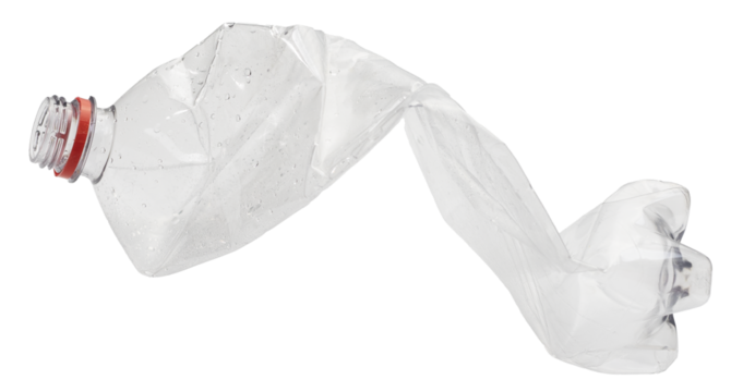 close up used transparent PET plastic water bottle on white background, sustainable environment concept.