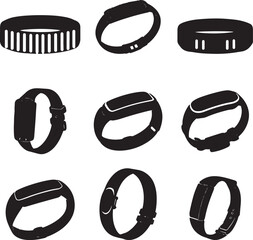 Nine black smart band silhouettes on white fitness tracker