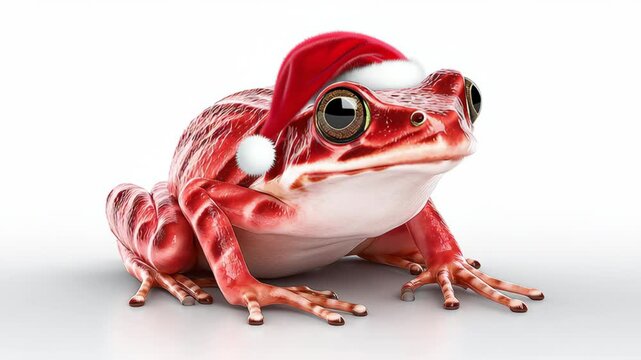Vibrant red frog adorned with a festive Santa hat, positioned on a clean white surface, showcasing a playful holiday spirit, camera gradually zooms in to highlight intricate textures and details