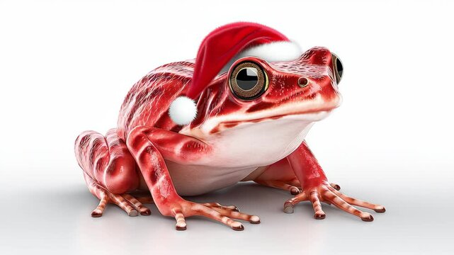 Playful red frog wearing a festive Santa hat, gradually shifting position while maintaining focus on its vibrant features, showcasing a whimsical holiday spirit, camera performs a subtle zoom in