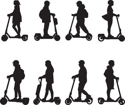 Silhouettes of People Riding Electric Scooters e-scooter