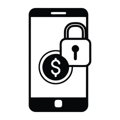 A smartphone displaying currency is shown beside a closed padlock icon in black
