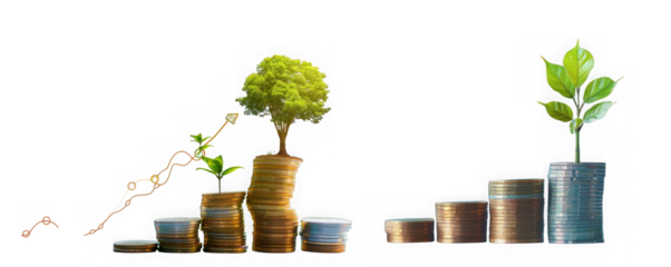 Money growth concept with stacks of coins and growing plants, isolated on transparent background
