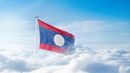 Laos national flag waving in the sky. Laos national flag for independence day.