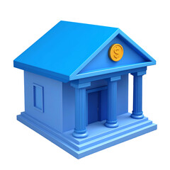 3D rendering of a classic blue building with columns, a gold coin above door