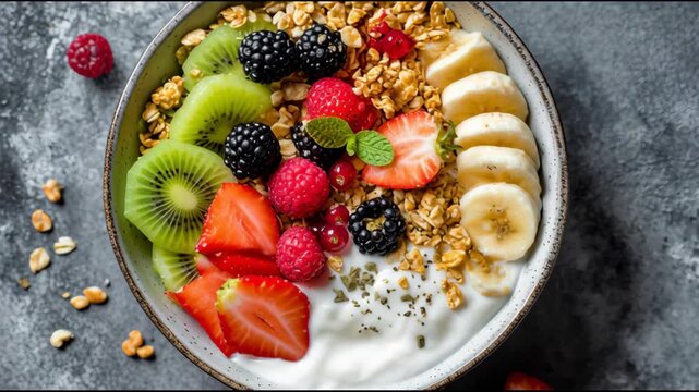 Vibrant Yogurt and Granola Bowl with Fresh Berries, Kiwi, and Banana Slices. Healthy, colorful, and nutritious breakfast or snack.