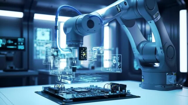 Futuristic Robotic Arm Assembling Advanced Circuit Board in High Tech Lab.