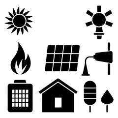 Solar Panel, Wind Turbine, Battery, and Eco Plug Icon on White Background.