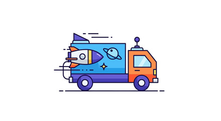 Fototapeta premium Colorful delivery truck with a space exploration theme illustration.