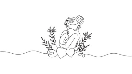 Elegant single line drawing of mother holding baby with flowers and hearts