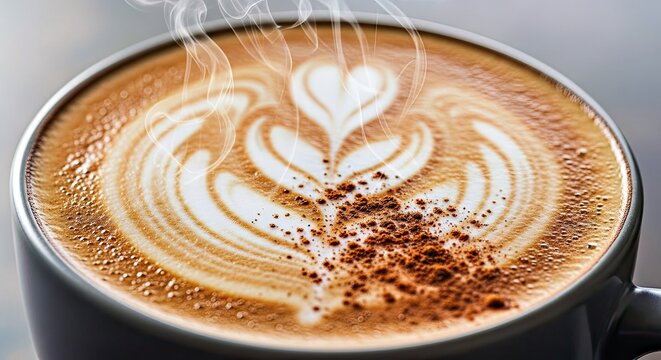 Close-up of Steaming Hot Latte Art Coffee with Foam