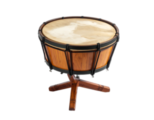A detailed image of a snare drum on a stand. Brown woodgrain and skin