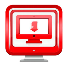 Red, glossy computer monitor icon, showcasing data download symbol within the display