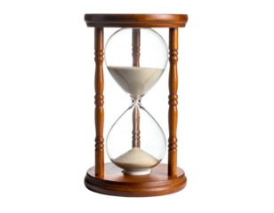 A wooden-framed hourglass with sand flowing from the top bulb to the bottom