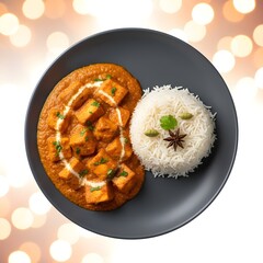  Delicious Paneer Butter Masala with Rice In Plate Blurry Background 