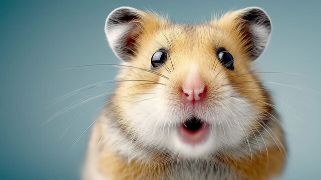 Cute hamster with wide-open mouth expressing surprise, captured in a series of frames showcasing its adorable features and lively expressions, camera zooms in for detailed view of its face