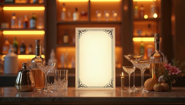 Blank menu board with ornate frame sits on elegant bar counter. Various liquor bottles, sparkling crystal cocktail glasses, warm candle light, fresh flowers, fruit set upscale evening atmosphere.