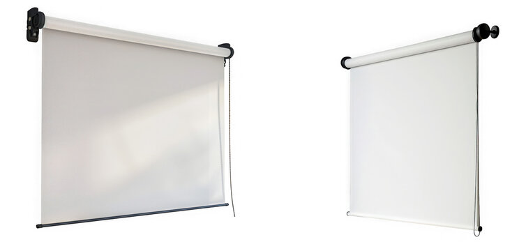 Two white roller blinds, one slightly textured, isolated on transparent background