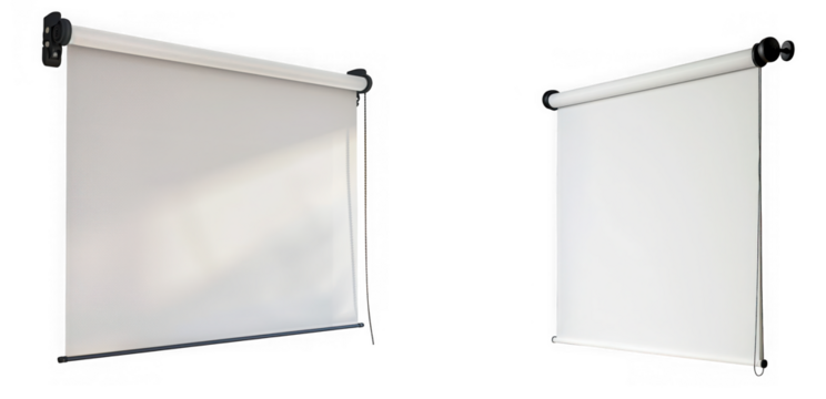 Two white roller blinds, one slightly textured, isolated on transparent background