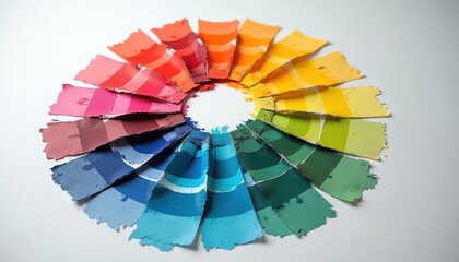 Obraz premium Colorful paint swatches form vibrant spectrum color wheel on white background. Bright hues show full range, arranged in circular gradient. Art samples display different tones, useful for design,
