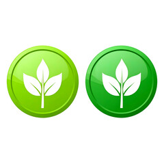 Two round, green icons display stylized white leaves on black background