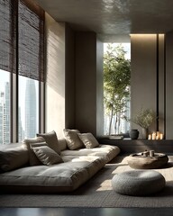 Neutral zen space dorm interior with beige, taupe, and sand tones, clean-lined furniture Modern Minimalist Dorm Interiors Urban and Tech-Modern Living