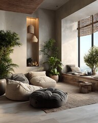 Neutral zen space dorm interior with beige, taupe, and sand tones, clean-lined furniture Modern Minimalist Dorm Interiors Urban and Tech-Modern Living