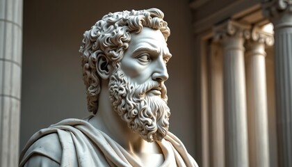 Obraz premium Marble statue portrait of wise bearded philosopher. Classic artwork represents ancient Greek culture. Stone sculpture detail features face, beard. Historical art with classical architecture columns