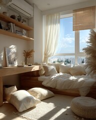 Neutral zen space dorm interior with beige, taupe, and sand tones, clean-lined furniture Modern Minimalist Dorm Interiors Urban and Tech-Modern Living