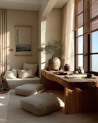 Neutral zen space dorm interior with beige, taupe, and sand tones, clean-lined furniture Modern Minimalist Dorm Interiors Urban and Tech-Modern Living