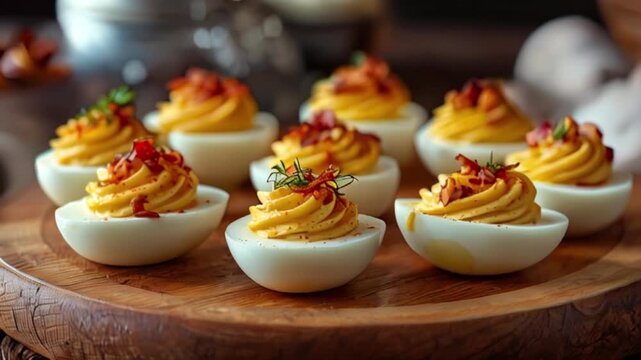 eight deviled eggs on a wooden serving board, created with generative ai