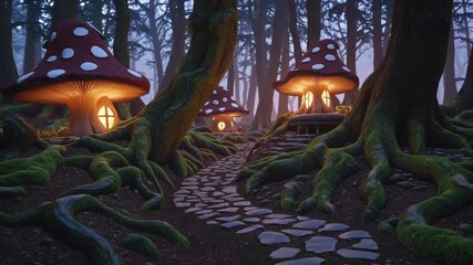 Mushroom cottage glow guides moss covered stone path through ancient forest with twisted tree root and glowing lantern by door in magic fantasy setting with soft mist and warm interior light ambience - Powered by Adobe