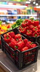 Black crates filled with vibrant red peppers on a shiny metal surface at a market